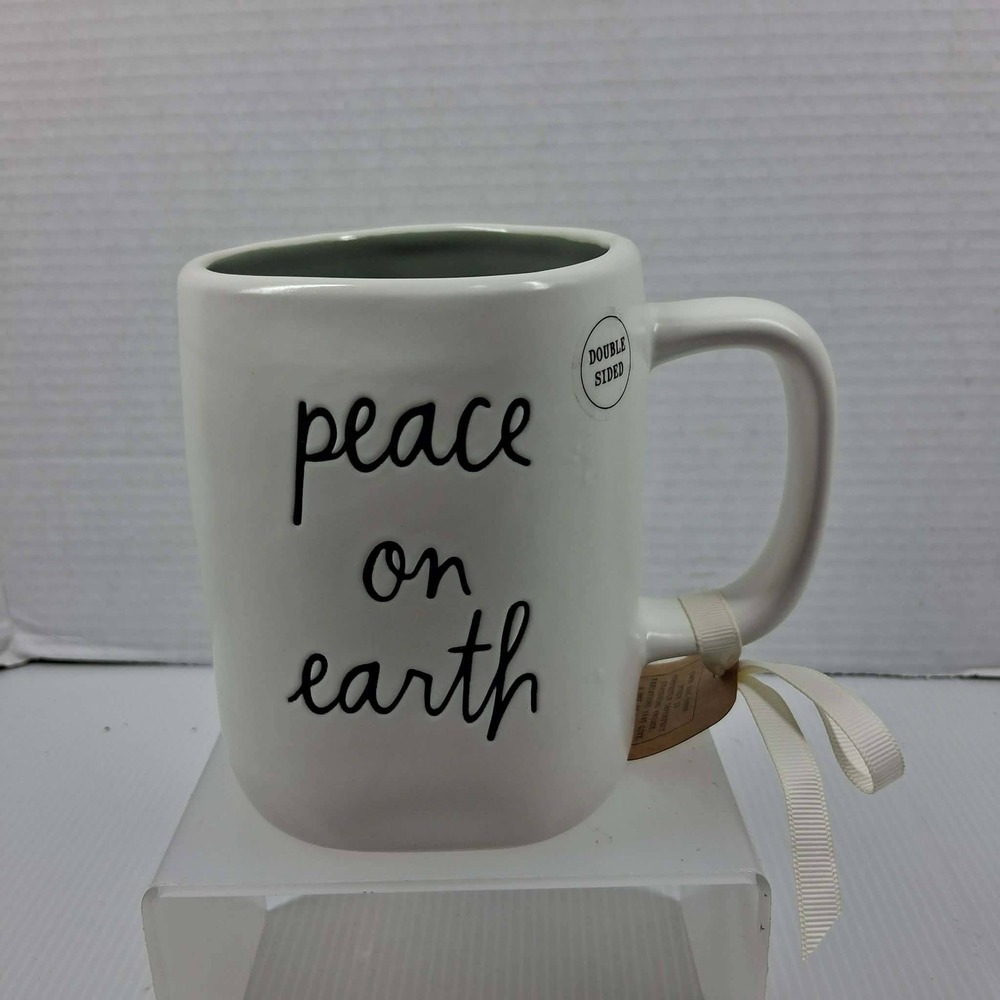 Rae Dunn Peace On Earth‎ Dove Mug White Green Double Sided Artisan Collection